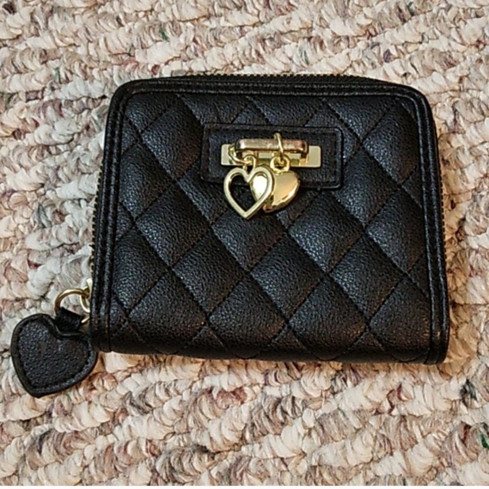 Quilted faux leather wallet with charms